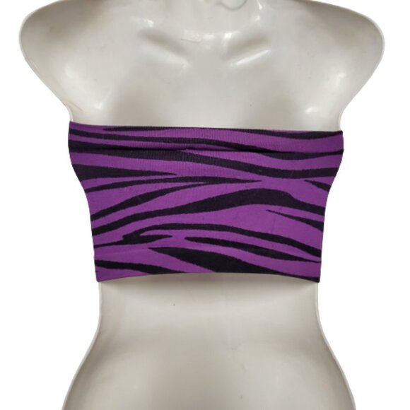 Purple Black Zebra Print Stretchy Elastic Tube Top Animal Print Bandeau Crop Top - Picture 2 of 10